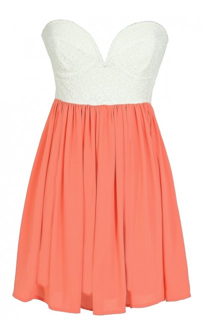 Sonya Flirty Lace and Chiffon Dress in White/Orange Peach